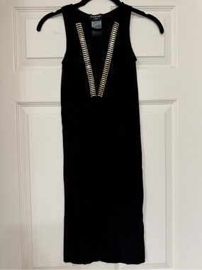 bebe Black Midi Dress with Gold Stud V-Neck